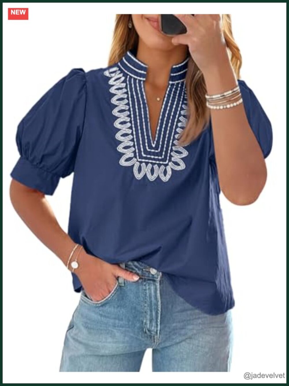 Puff Short Sleeve Blouse Embroidered V Neck Loose Fit Summer Top - Picture 1 of 6